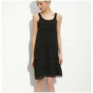 EILEEN FISHER Sheer Silk Georgette LARGE Tiered Layer Sleeveless Dress Black‎